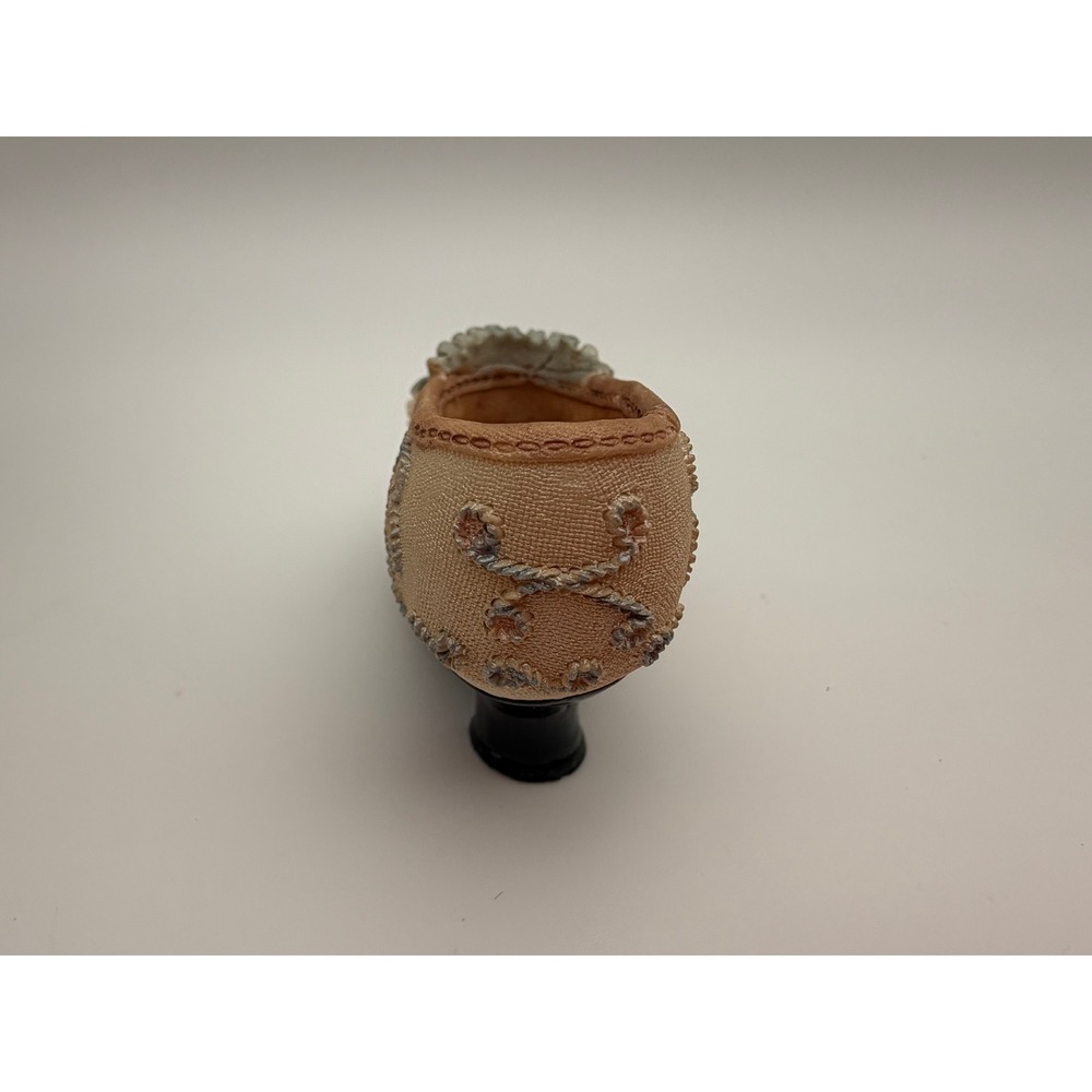 Miniature Decorative Shoe Figurine Floral Embroidery Ruffled Ribbon Peach Tan - Picture 4 of 7